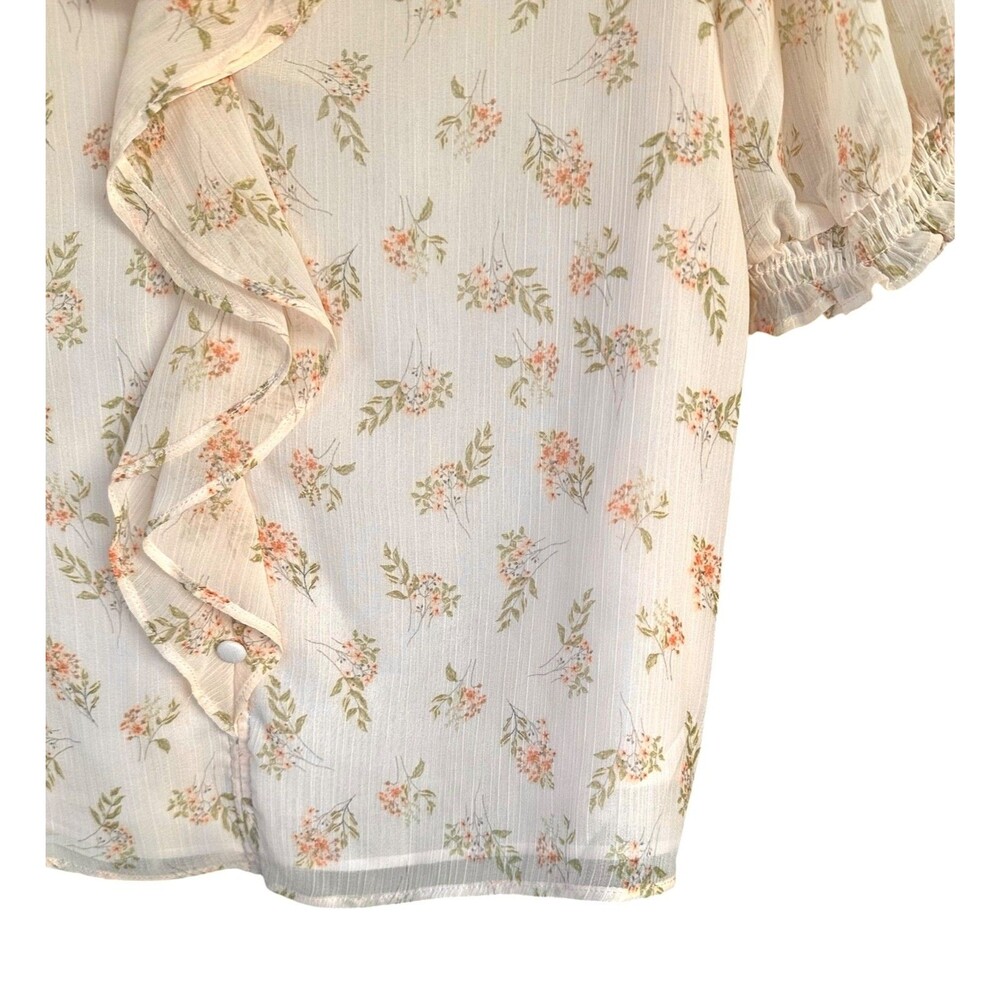 Maison d'Amelie Women's Ruffle Blouse Short Puff Sleeve Sheer Sz S Beige Printed - Picture 5 of 8